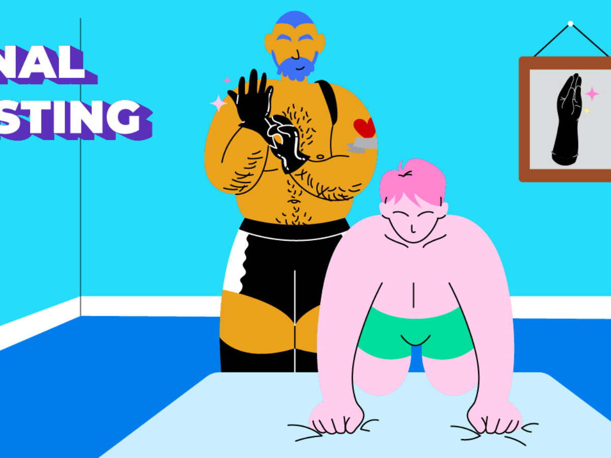 Illustration showing preparation for anal fisting with cartoon-style figures