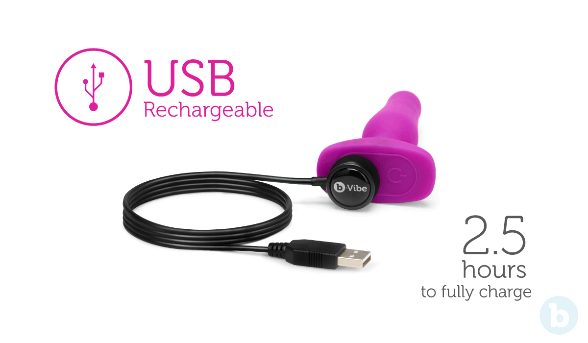 The b-Vibe Novice Plug is charged using our USB cord and takes 2.5 hours to go from zero to full